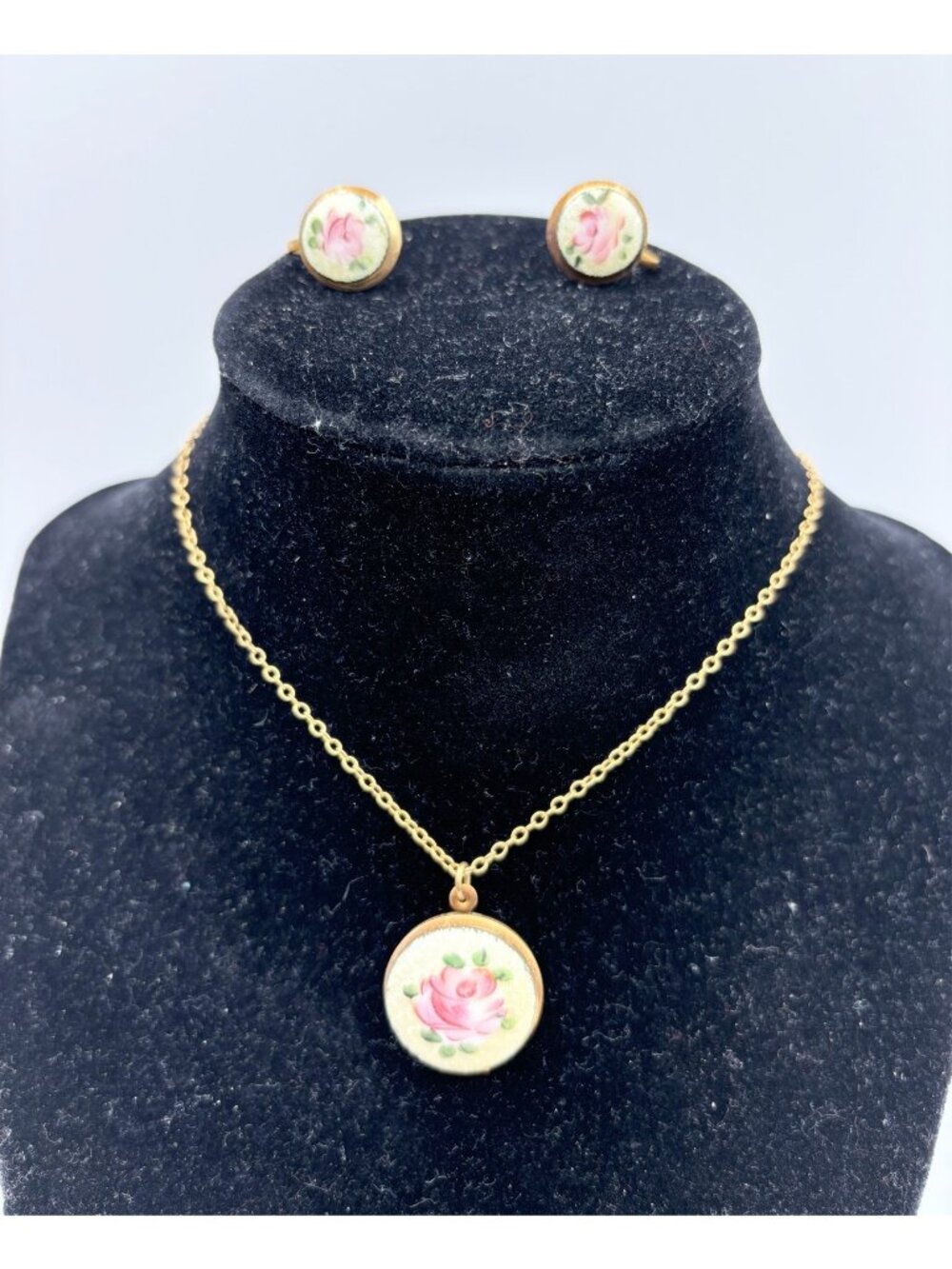 1950s Guilloche Enamel Rose Locket Pendant Necklace and Earrings